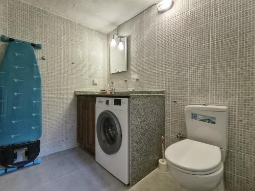 a bathroom with a toilet and a washing machine at Stone house in Faralya in Fethiye