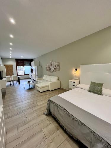 a bedroom with a large bed and a living room at Califa SuitesGP in Córdoba