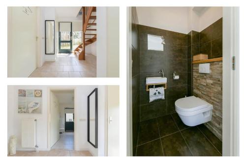 two pictures of a bathroom with a toilet and a staircase at Duynopgangh 25 in Julianadorp
