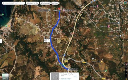 a map of a road with a blue trail at Très belle villa avec piscine et vue incroyable sur mediterannée (DAR NAIM) in Tangier