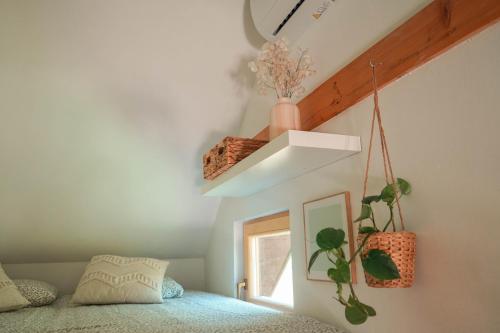 a bedroom with a bed and a shelf with plants at Vineyard escape Šuklje in Metlika
