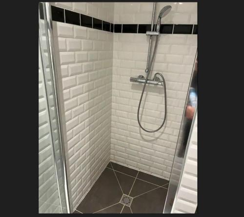 une douche dans une salle de bain avec du carrelage blanc dans l'établissement Appartement Paris 11 - 2 chambres - 2 sdd - 2 wc, à Paris