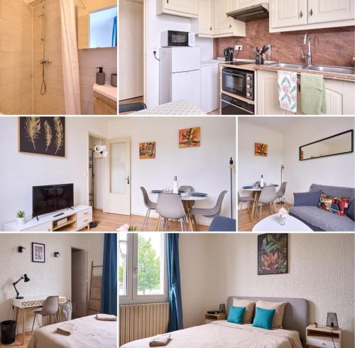 a collage of photos of a kitchen and a living room at Cosy T1 with garage near CDG | By Airnest in Le Blanc-Mesnil