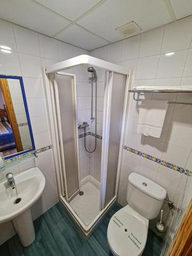 a bathroom with a shower and a toilet and a sink at Pensión El Gallo in Olvega