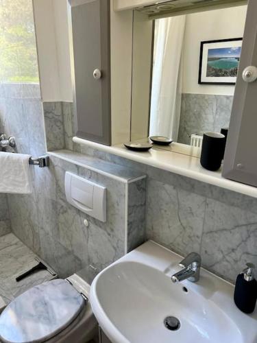 a bathroom with a sink and a toilet and a mirror at bloom - klein und fein mit Seezugang u WLAN in Wörthsee