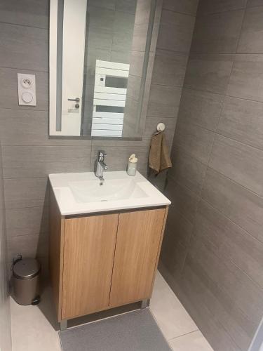 une salle de bain avec un lavabo et un miroir dans l'établissement Maison de ville - La Sauvetat, à La Sauvetat