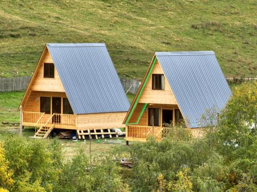 two houses with metal roofs on a hill at Cottage Caucasus in Ushguli