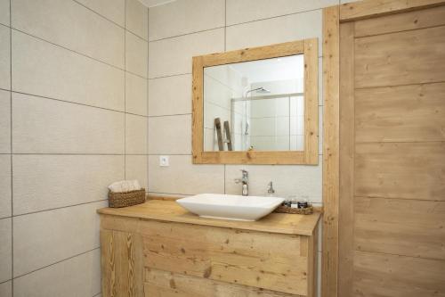 un bagno con lavandino e specchio di Appartement de charme - La Tour a La Tour