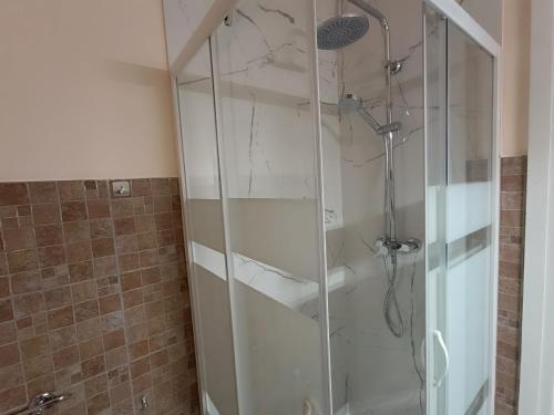 a shower with a glass door in a bathroom at LA COLLINETTA DI PINO d'ASTI in Albugnano 