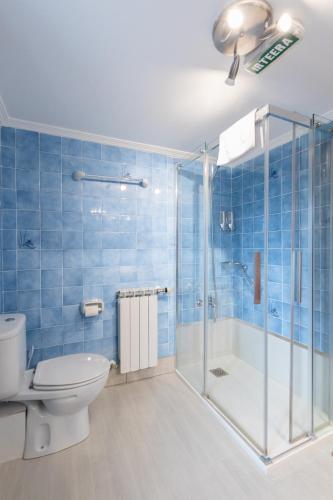 a blue tiled bathroom with a toilet and a shower at Zelaikoa Goikoa - baskeyrentals in Zestoa