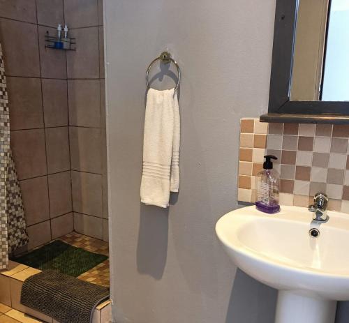 a bathroom with a sink and a white towel at 21 On Coetzee Guest House in Bloemfontein