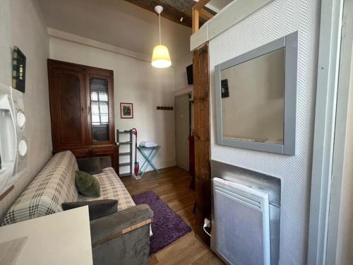 un salon avec un canapé et une télévision à écran plat dans l'établissement Studio Mezza 2 Voyageurs Bastille, à Paris