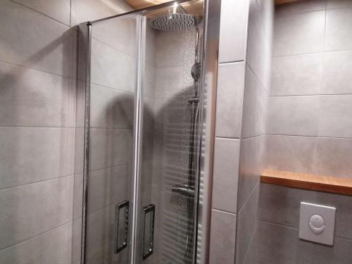 une douche avec une porte vitrée dans une salle de bain dans l'établissement Studio en Rez-de-Jardin pour 4 avec Parking Couvert, à 500m de la Télécabine - Le Grand-Bornand - FR-1-241-80, au Grand-Bornand