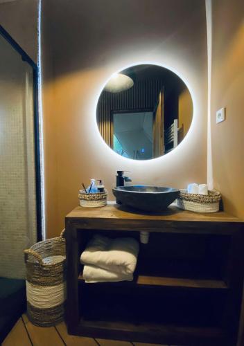 a bathroom with a sink and a mirror at Le Hameau Arribas in Condé-Sainte-Libiaire