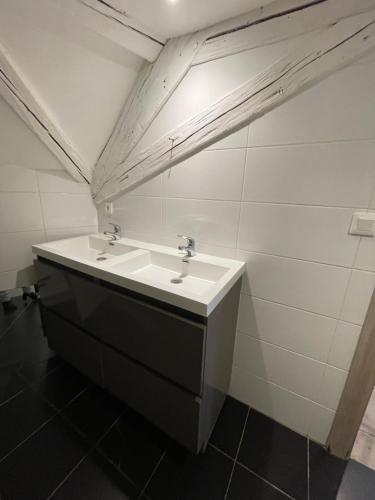 a bathroom with two sinks and a mirror at Studio Mezzanine in Molsheim