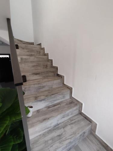 a wooden staircase in a room with a white wall at Green Village in Grand Gaube