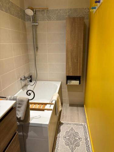 une petite salle de bain avec une baignoire et un lavabo dans l'établissement La Maison d’Aromarie, à Tournus