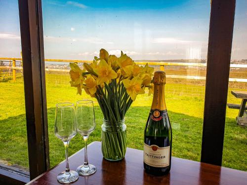 a bottle of champagne and two glasses on a table with flowers at Clyne Farm Centre in The Mumbles