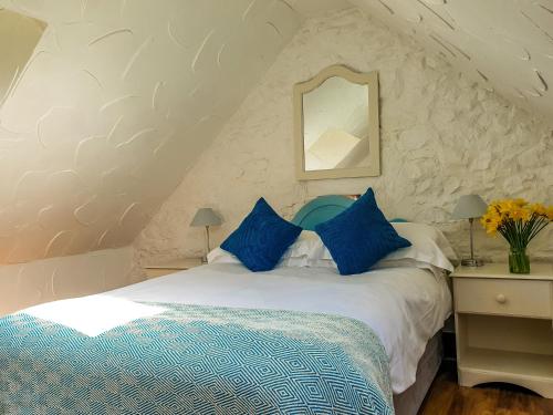 a bedroom with a bed with blue pillows and a mirror at Clyne Farm Centre in The Mumbles