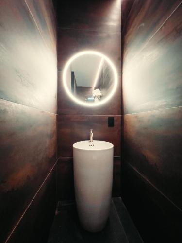 a bathroom with a white sink and a mirror at ASTRID Mons in Mons