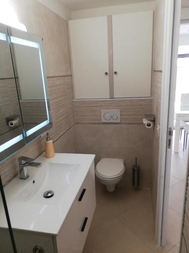une salle de bain avec toilettes, lavabo et miroir dans l'établissement Appart Sympa au Calme, à Grasse
