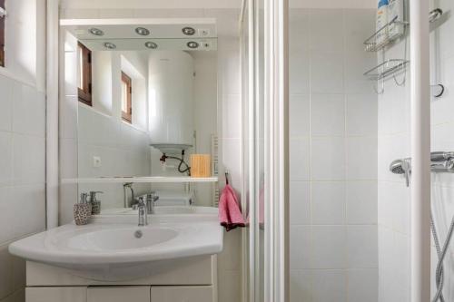 un bagno bianco con lavandino e specchio di Appartement au cœur de la Vallée de la Maurienne a Saint-Julien-Mont-denis