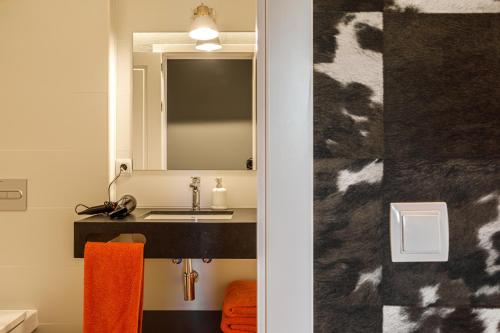 a bathroom with a sink and a mirror at Mas d'Aravó in Bolvir