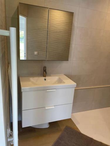 une salle de bain avec un lavabo blanc et un miroir dans l'établissement La Grangeneuve la petite maison, à Marclopt