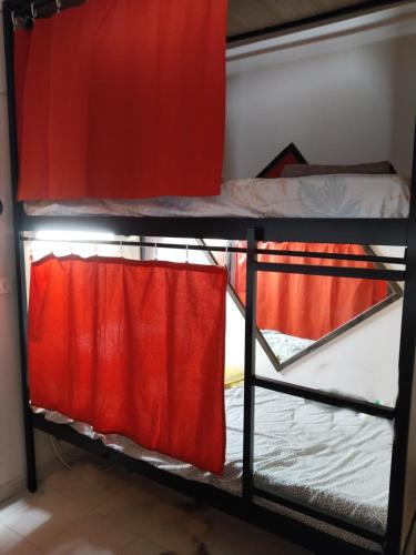 two bunk beds in a room with red curtains at Beach House Lanzarote in Arrecife