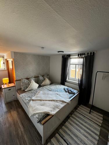 a bedroom with a large bed with a window at Landhaus an der Ottoburg in Schlitz