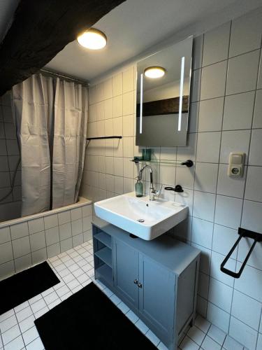 a white bathroom with a sink and a shower at Landhaus an der Ottoburg in Schlitz