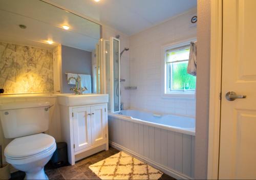 a bathroom with a toilet and a tub and a sink at 11 The Oaks - Lodge - Coghurst Hall - Hastings in Westfield