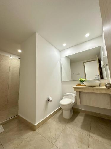 a bathroom with a toilet and a sink and a mirror at Hotel Tayrona del Mar in Santa Marta