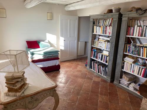 un salon avec des étagères remplies de livres dans l'établissement Maison de village à Gassin, à Gassin