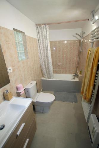 une salle de bain avec toilettes, baignoire et lavabo dans l'établissement Sous La Treille, à Saze