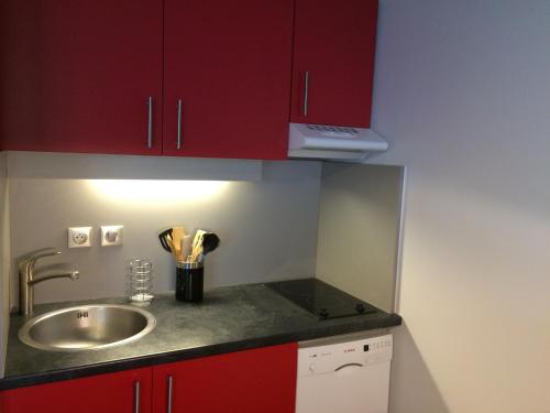 a small kitchen with a sink and red cabinets at Studio Urban Chic Annecy in Annecy