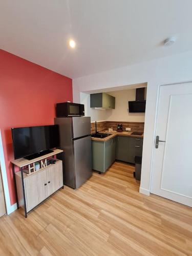 Cette chambre dispose d'une cuisine aux murs rouges. dans l'établissement Studio cosy et fonctionnel, à Beauvais