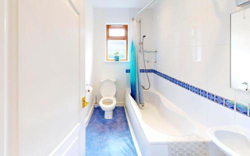 a bathroom with a toilet and a tub and a sink at CROYDE DUNE LODGE 3 Bedrooms in Croyde
