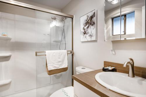 a bathroom with a sink and a toilet and a shower at Modern Condo with Family-Friendly Hot Tub 102 in Blaine