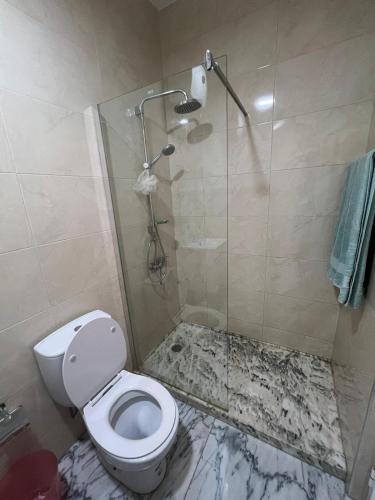 a bathroom with a toilet and a glass shower at Apartamento Moderno in Mindelo