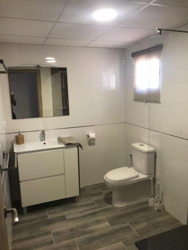 a bathroom with a toilet and a sink and a mirror at Villas de encanto in Vilamarxant