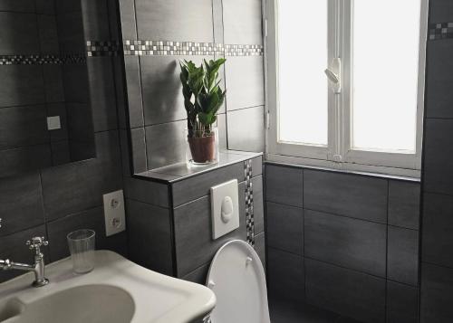 La salle de bains est pourvue de toilettes, d'un lavabo et d'une plante. dans l'établissement Cozy appart near Bastille, à Paris