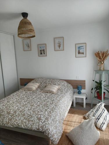 une chambre avec un lit avec des oreillers dessus dans l'établissement Appartement aux portes de l'ocean et de la ria, à Plouharnel