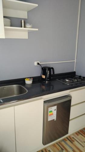 a kitchen counter with a sink and a microwave at Hospedaje Oasis Modulares in Calama