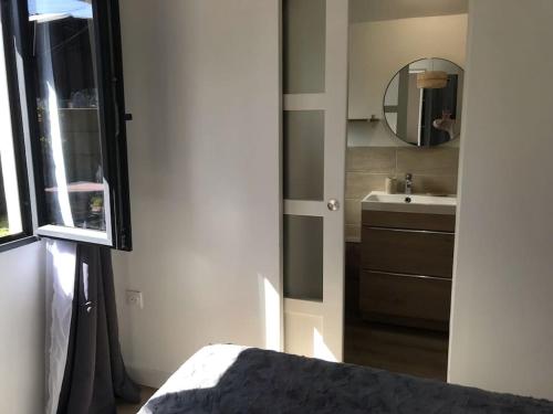 ラ・ボールにあるJolie Maisonnette avec terrasseの洗面台と鏡のあるバスルーム