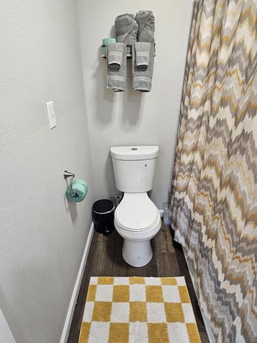 a bathroom with a toilet and a shower curtain at The Sunshine Suite in Cleveland