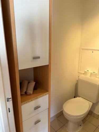 Elle comprend une petite salle de bains pourvue de toilettes et d'une armoire. dans l'établissement Bonito apartamento cerca De la Torre Eiffel, à Paris