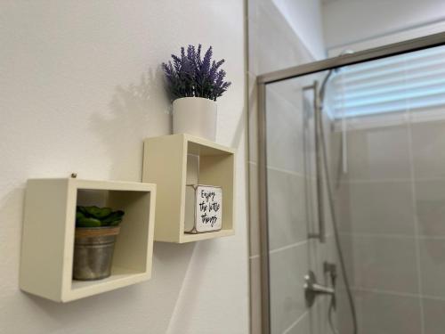 a bathroom with a shelf with a plant and a sign at New Tropical Island Ohana near Beach with community Pool Spa Gym PingPong and more in Waianae