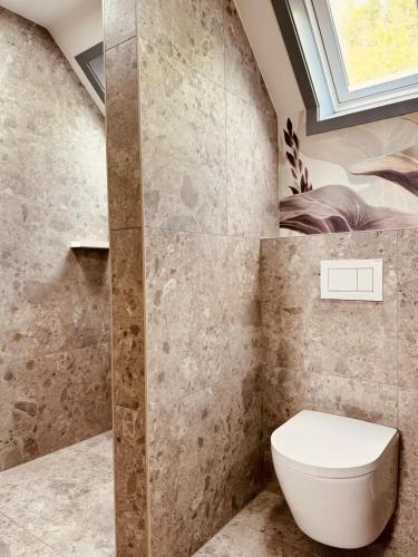 a bathroom with a toilet and a skylight at leaf in Kirchheim