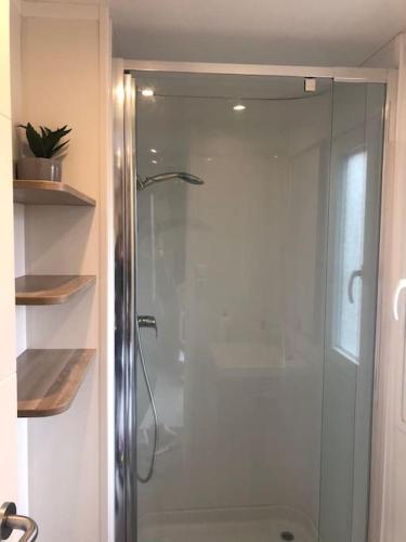 une douche avec une porte vitrée dans une salle de bain dans l'établissement La Grangeneuve côté piscine, à Marclopt